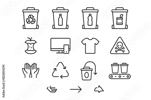 Waste Sorting Icons. Waste sorting. Line icon set of waste sorting: paper, glass, plastic, metal, organic waste, electronics, clothing, hazardous waste, bins,