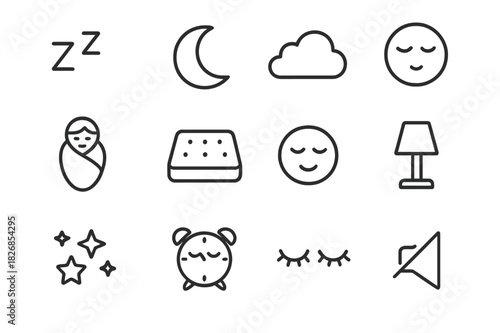 Sleep Icon Set. Sleep symbols. Line icon set of sleep symbols: zzz letters, crescent moon, night cloud, sleeping face, blanket wrap, soft mattress, calm icon,