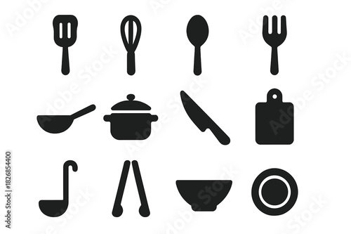 Kitchen Utensil Icons. Kitchen utensils. Solid icon set of kitchen utensils: spatula, whisk, spoon, fork, pan, pot, knife, cutting board, ladle, tongs, bowl,
