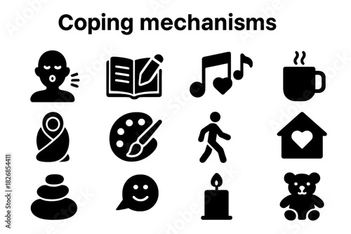 Coping Mechanisms Icons. Coping mechanisms. Solid icon set of Coping mechanisms: breathing exercise, journal entry, music notes with heart, warm tea, wrapped