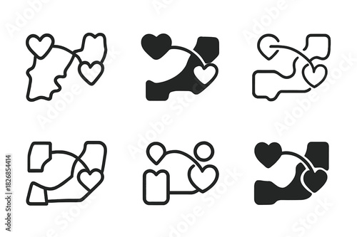 Long-Distance Logo Set. Long-Distance Relationships and Communication. Icon set. Set Logo of Long-Distance Relationships and Communication: two locations