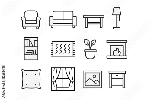 Homey Icon Set. Homey. Line icon set of Homey: armchair, sofa, coffee table, floor lamp, bookshelf, rug, potted plant, fireplace, cushion, window