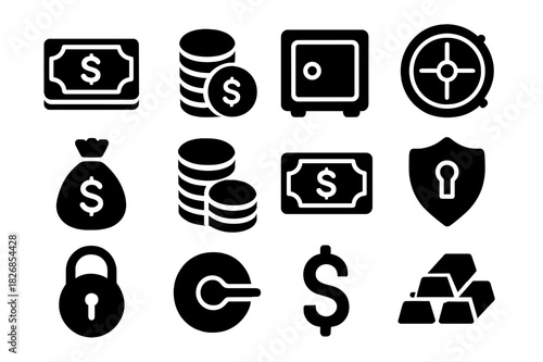 Cash Storage Icons. Cash storage. Solid icon set of Cash storage: stack of bills, coins, safe box, vault door, money bag, coin pile, cash icon, security lock,