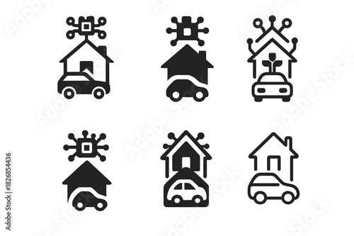 AI Icons Collection. AI integration in everyday life (smart homes, autonomous cars). Icon set. Set Logo of AI integration: connected ecosystem. harmonious logo
