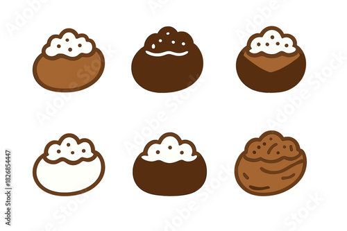 Stuffed Potato Logos. Stuffed potatoes. Icon set. Set Logo of stuffed potatoes: potato with garnish. harmonious logo variations of the same emblematic concept,