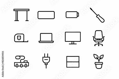 DIY Standing Desk Icons. DIY standing desks at home. Line icon set of DIY standing desks at home: desk frame, tabletop, electric motor, screwdriver, tape