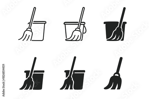 Cleaning Logo Icons. Mopping. Icon set. Set Logo of cleaning bucket handle. harmonious logo variations of the same emblematic concept (Minimal outline,