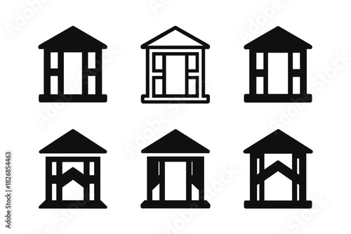 Open Atrium Logos. Open atrium. Icon set. Set Logo of open atrium: architectural cross-section. harmonious logo variations of the same emblematic concept, each