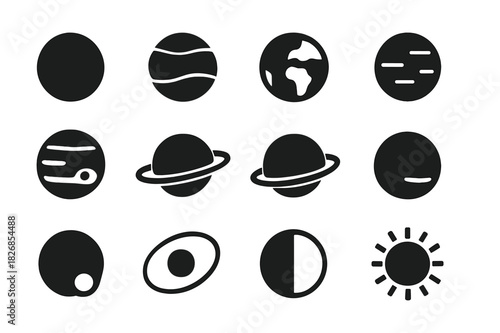 Solar System Icons. Planets. Solid icon set of Planets: mercury, venus, earth, mars, jupiter, saturn, uranus, neptune, pluto, moon, orbit, sun. Filled icons