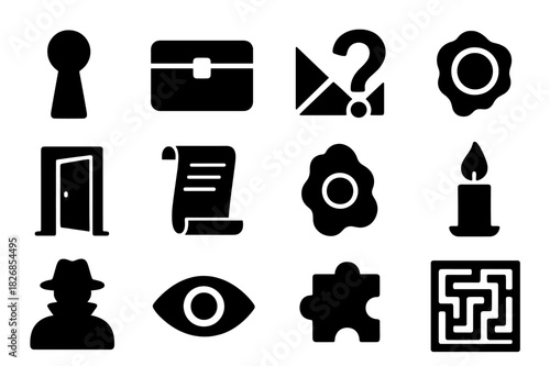 Mystery Icon Set. Mystery and Secrets. Solid icon set of Mystery and Secrets: keyhole, lockbox, envelope seal, question mark, hidden door, scroll, wax stamp,