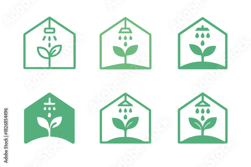 Greenhouse Logo Variations. Greenhouse farming. Icon set. Set Logo of greenhouse: greenhouse with irrigation system. harmonious logo variations of the same
