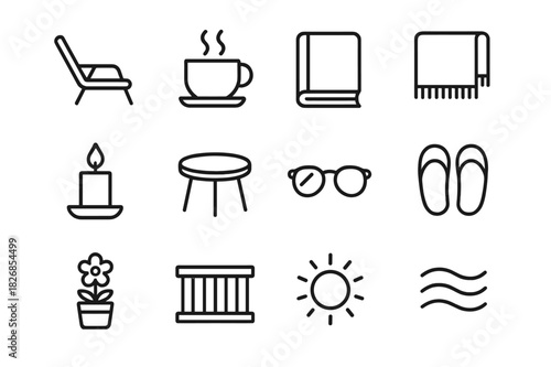 Outdoor Relaxation Icons. Outdoor relaxation. Line icon set of outdoor relaxation: lounge chair, coffee cup, book, blanket, candle, small table, sunglasses,
