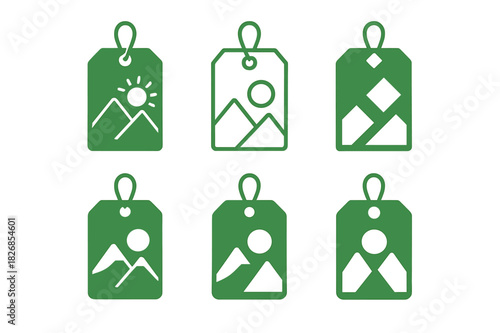 Eco Vibes Logo Set. Green label design with eco vibes trend. Icon set. Set Logo of green label design with eco vibes trend: hanging label with mountain and