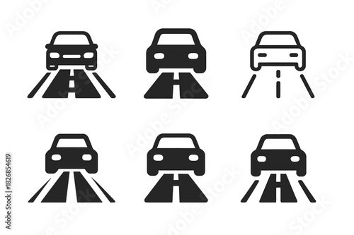 Traffic Logo Variations. Traffic. Icon set. Set Logo of Traffic: minimal car icon on path. harmonious logo variations of the same emblematic concept, each with