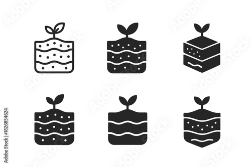 Soil Regeneration Icons. Soil regeneration techniques. Icon set. Set Logo of soil regeneration techniques: layered soil profile. harmonious logo variations of