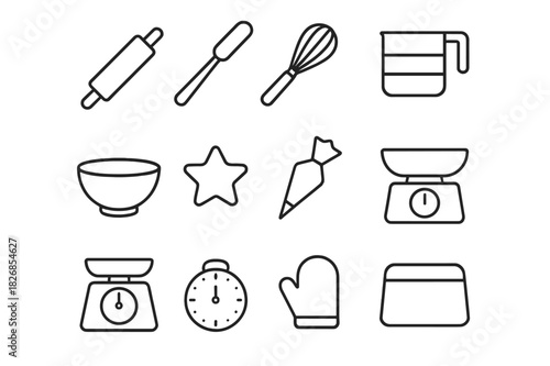 Baking Tools Icons. Baking tools. Line icon set of baking tools: rolling pin, spatula, whisk, sifter, mixing bowl, cookie cutter, pastry bag, measuring cup,