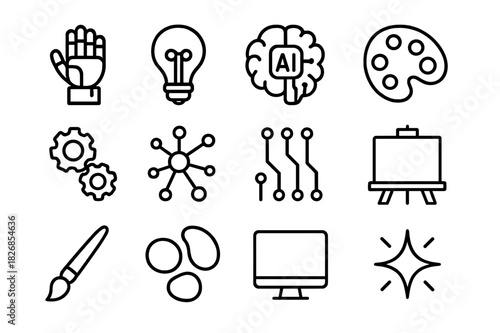 Modern Machine Icons. Machine creativity. Line icon set of machine creativity: robotic hand, lightbulb, AI brain, palette, gears, neural network, circuit