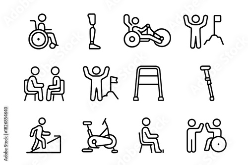 Empowerment Icons Set. Empowerment. Line icon set of Empowerment: wheelchair, prosthetic limb, handcycle, adaptive sports, therapy session, goal achievement,