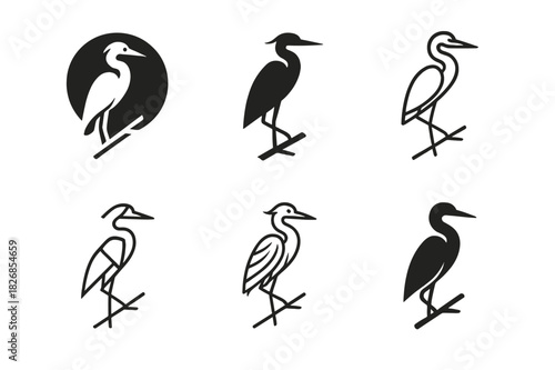 Heron Logo Variations. Herons. Icon set. Set Logo of Herons: heron perched on branch. harmonious logo variations of the same emblematic concept, each with