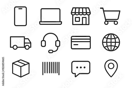 Omnichannel Retail Icons. Omnichannel Retail. Line icon set of Omnichannel Retail: smartphone, laptop, store, shopping cart, delivery truck, headset, credit