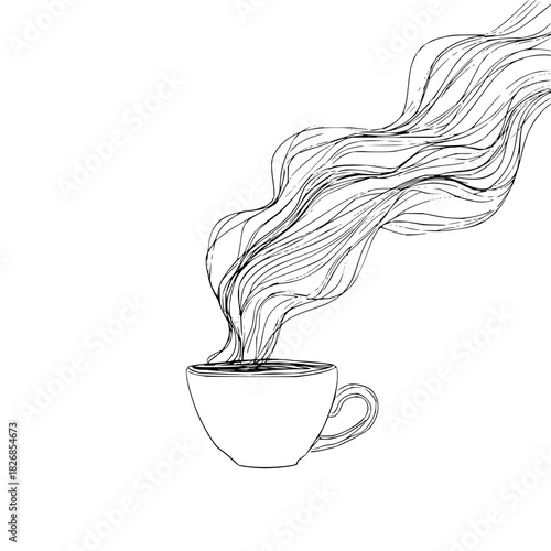 Hand drawn sketch of a steaming coffee cup with wavy smoke