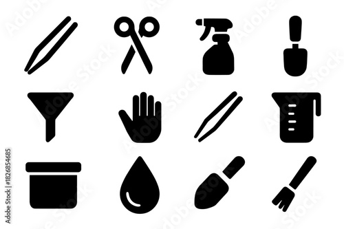 Terrarium Tools Icons. Terrarium tools. Solid icon set of Terrarium tools: tongs, scissors, spray bottle, small shovel, funnel, hand icon, tweezers, measuring