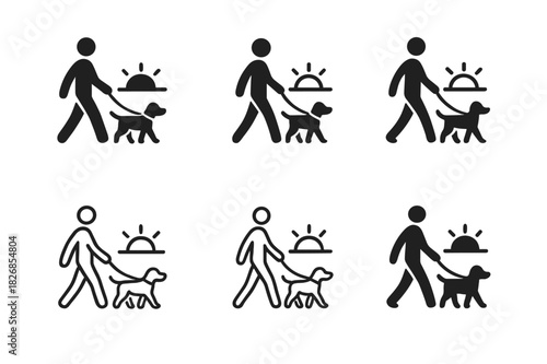 Morning Walk Logos. A person enjoying the quiet of a morning walk. Icon set. Set Logo of morning walk: person with coffee cup. harmonious logo variations of