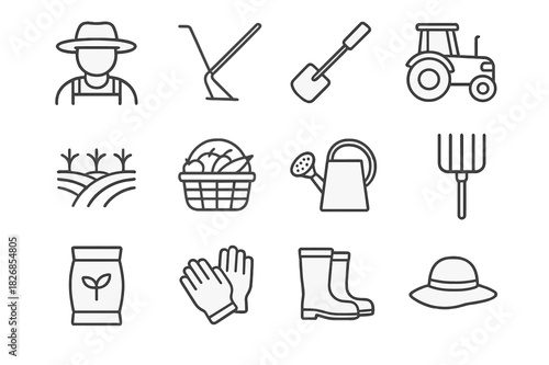 Farm Labor Icon Set. Farm Laborers. Line icon set of Farm Laborers: farmer with hat, plow, hoe, tractor, crop field, basket of produce, watering can,