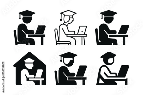 Remote Learning Icons. Remote education access. Icon set. Set Logo of Remote education access: Satellite and book. harmonious logo variations of the same