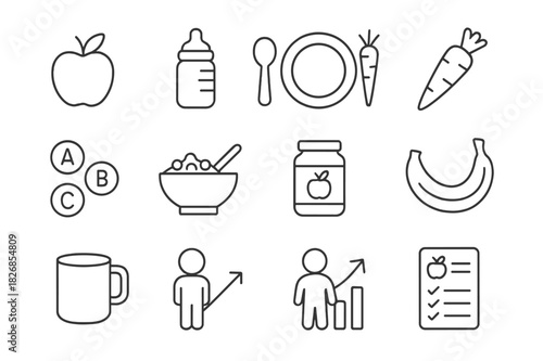 Child Nutrition Icons. Child nutrition. Line icon set of child nutrition: apple, milk bottle, spoon, plate, carrot, vitamins, cereal bowl, baby food jar,