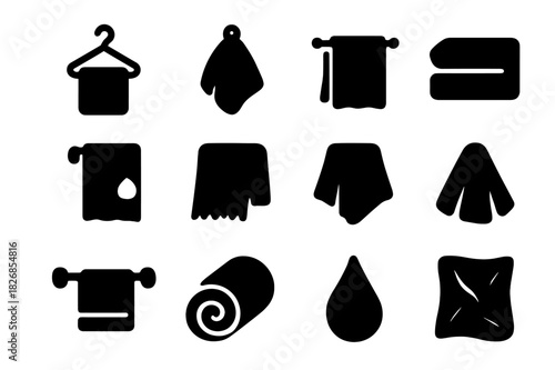 Towel Icon Set. Towel hanging. Solid icon set of Towel hanging: towel on hook, loop, wall hook, folded towel, damp spot, frayed edge, shadow, hanging cloth,