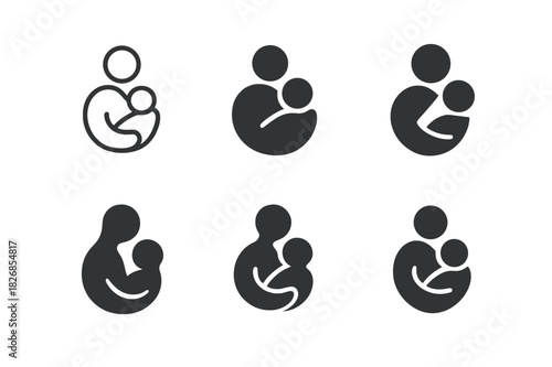Parent-Child Logo Set. Childcare and parenting solutions. Icon set. Set Logo of childcare and parenting solutions: Parent holding child. harmonious logo