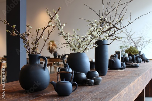Elegant Black Pottery Displayed on Wooden Table With Flower Branches in a Min...