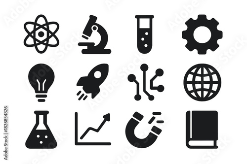 Scientific Icon Collection. Scientific innovation. Solid icon set of scientific innovation: atom, microscope, test tube, gear, light bulb, rocket, circuit,