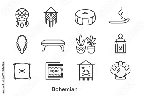Bohemian Icon Set. Bohemian elements. Line icon set of bohemian elements: dreamcatcher, macrame wall hanging, floor pouf, incense holder, beaded necklace, low