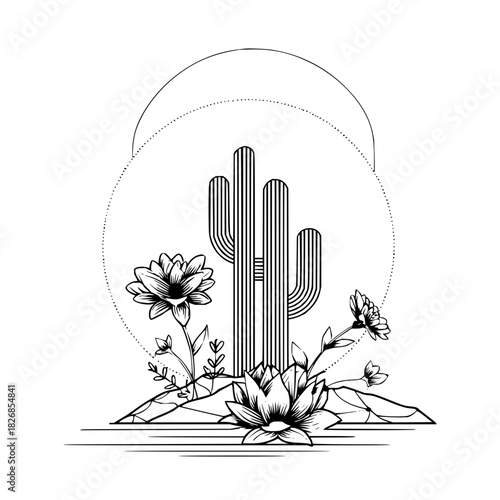 Boho desert illustration with saguaro cactus and blooming flower