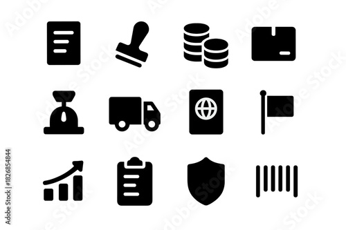 Customs and Tariffs Icons. Customs and tariffs. Solid icon set of customs and tariffs: document, stamp, coin stack, cargo box, scale, truck, passport, flag,