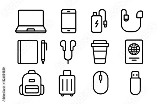 Travel Productivity Icons. Travel Productivity. Line icon set of Travel Productivity: laptop, smartphone, power bank, notebook, pen, earphones, coffee cup,