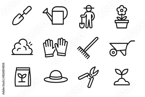 Gardening Icons Collection. Gardening Activities. Line icon set of Gardening Activities: trowel, watering can, gardener with shovel, flower pot, shrub, gloves,