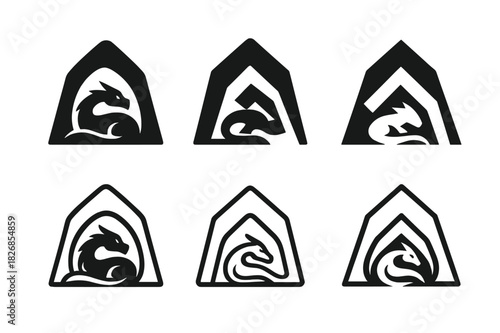 Dragon Cave Logos. Lair. Icon set. Set Logo of lair: dragon cave. harmonious logo variations of the same emblematic concept, each with different artistic