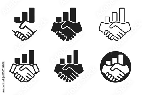 Wealth Management Logos. Wealth Management Office. Icon set. Set Logo of Wealth Management Office: handshake and bar chart symbol. harmonious logo variations