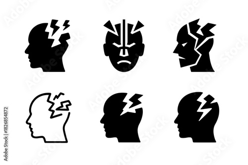 Frustration Icon Set. Frustration. Icon set. Set Logo of frustration: fragmented head. harmonious logo variations of the same emblematic concept, each with