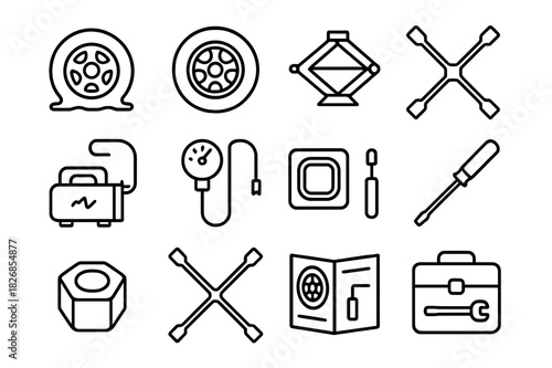 Flat Tire Essentials. Flat Tire and Repair Kit. Line icon set of Flat Tire and Repair Kit: flat tire, spare tire, jack, wrench, tire inflator, air gauge, patch