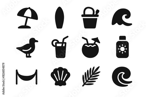 Beach Vibes Icons. Beach vibes. Solid icon set of Beach vibes: beach umbrella, surfboard, sand bucket, wave icon, seagull, ice drink, coconut, sunscreen