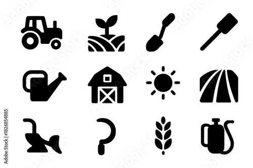 Agriculture Icon Set. Agriculture Team. Line icon set of Agriculture Team: farmer with hat, basket of produce, plow, hoe, tractor, crop field, watering can,
