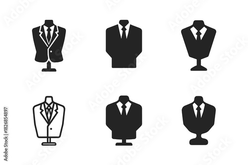 Suit Logo Collection. Wearing suit. Icon set. Set Logo of wearing suit: blazer and tie combination on mannequin torso. harmonious logo variations of the same