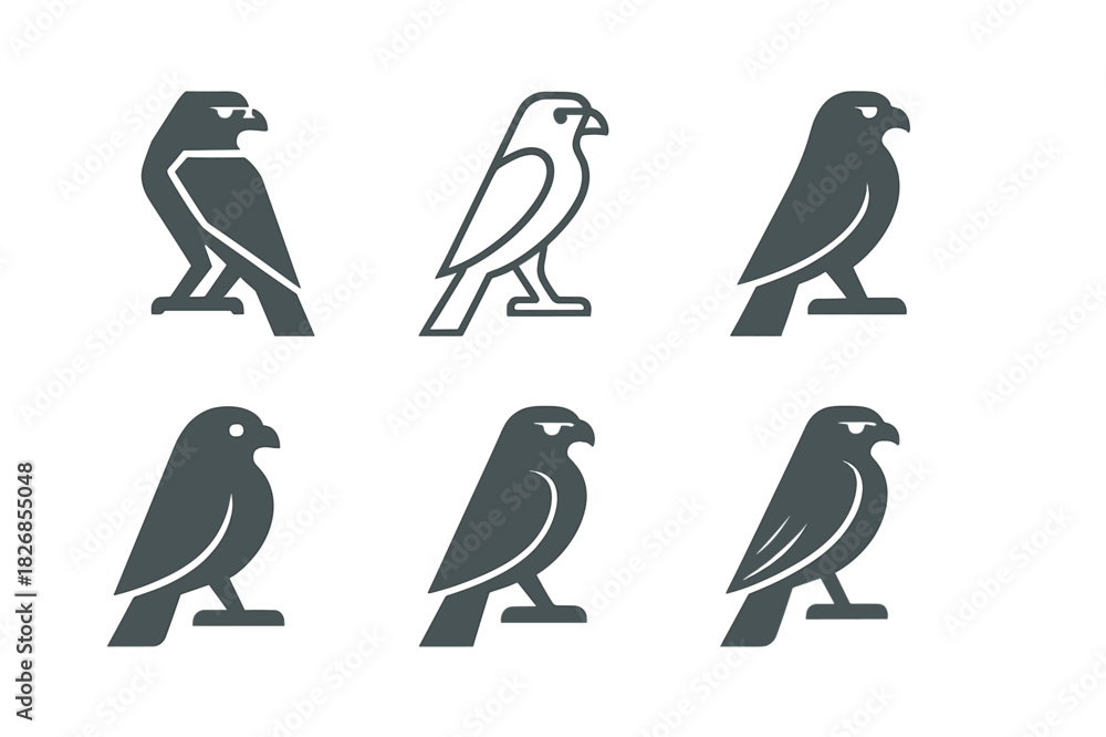 Naklejka premium Falcon Logo Variations. Falcons. Icon set. Set Logo of Falcons: Falcon in Flight. harmonious logo variations of the same emblematic concept (Minimal outline,