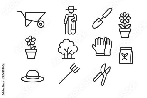 Community Garden Icons. Community Garden. Line icon set of Community Garden: wheelbarrow, gardener with shovel, trowel, flower pot, shrub, gloves, watering