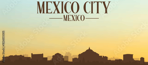 Panoramic poster of the city skyline with misty background buildings, hills sunrise, sunset and clouds of MEXICO CITY, MEXICO