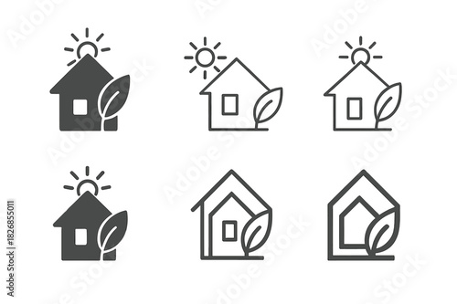 Eco Architecture Logos. Eco architecture. Icon set. Set Logo of Eco architecture: Tree-integrated house. harmonious logo variations of the same emblematic